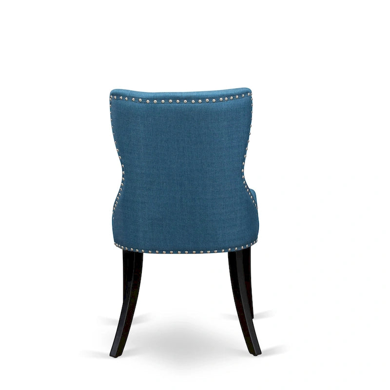 East West Furniture Kitchen Table Set- a Round Dining Table and Blue Linen Fabric Parson Chairs, Black(Pieces Options)