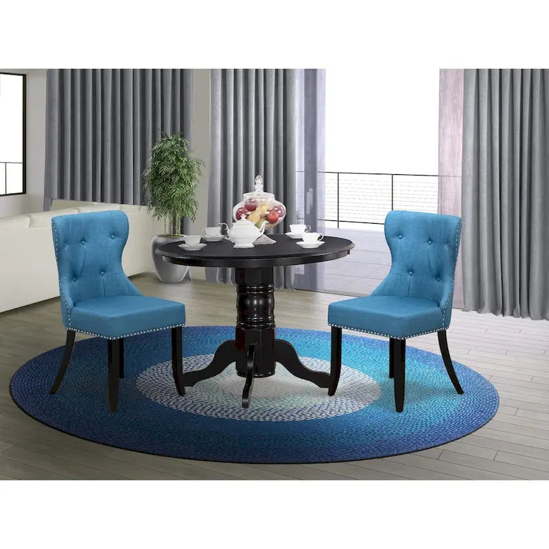 East West Furniture Kitchen Table Set- a Round Dining Table and Blue Linen Fabric Parson Chairs, Black(Pieces Options)