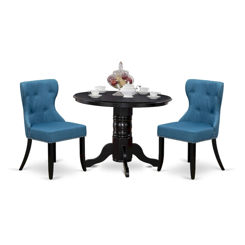 East West Furniture Kitchen Table Set- a Round Dining Table and Blue Linen Fabric Parson Chairs, Black(Pieces Options)