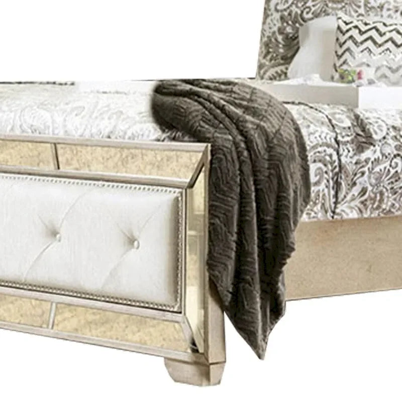 Leatherette Upholstered Wooden Queen Size Bed, Gold and Silver