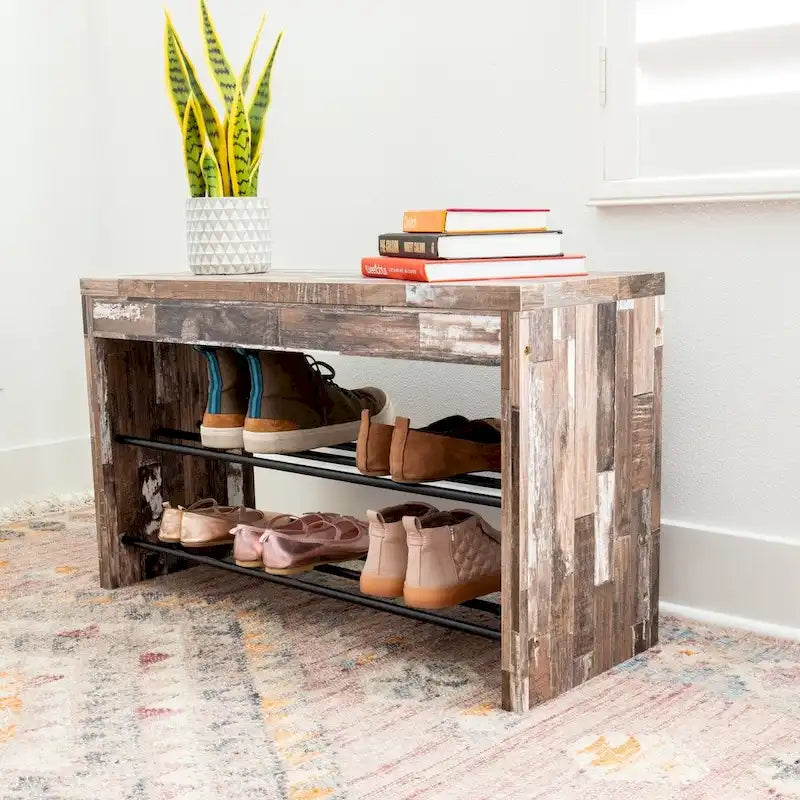 Danya B. Two-Tier Industrial Shoe Bench in Distressed Wood Finish