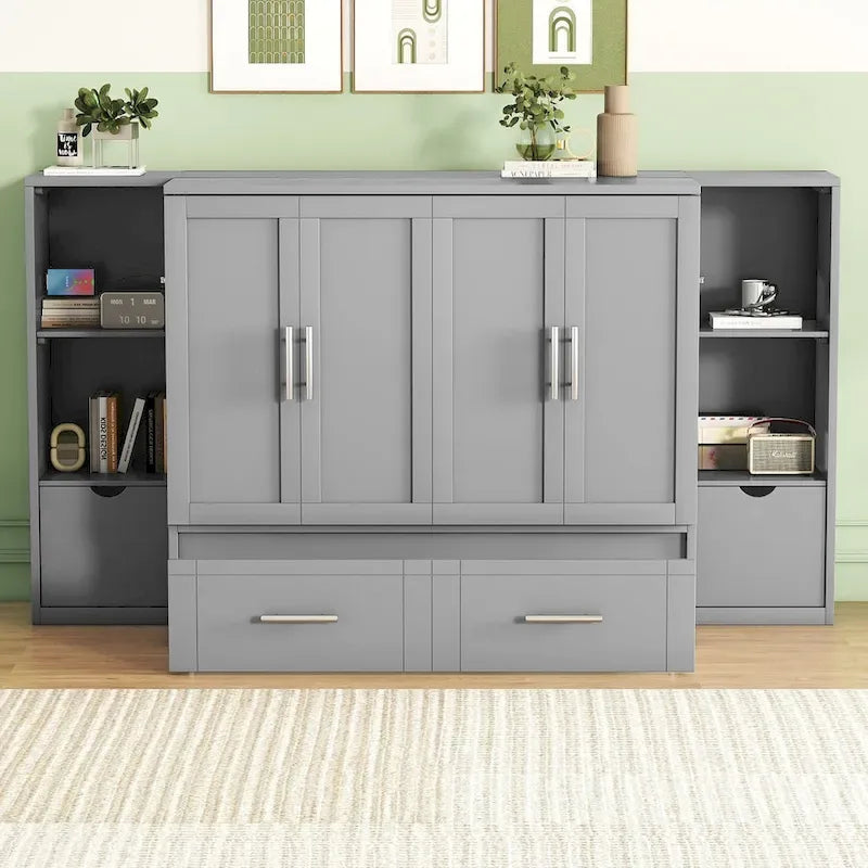 Queen Size Murphy Bed with Shelves, Drawers and USB Ports,Gray