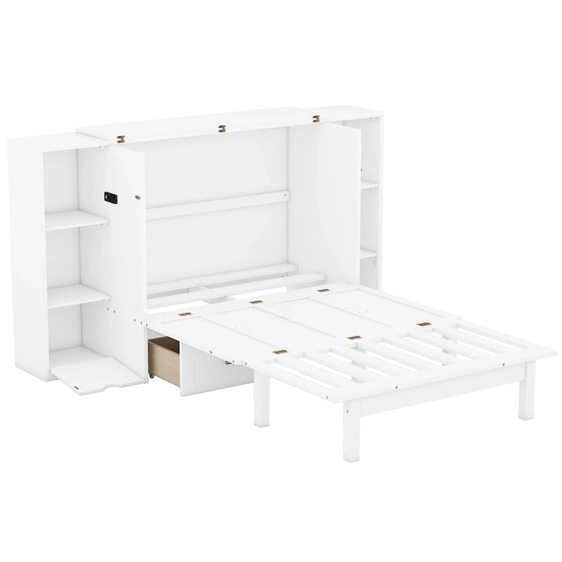 Queen Size Murphy Bed with Shelves, Drawers and USB Ports,Gray