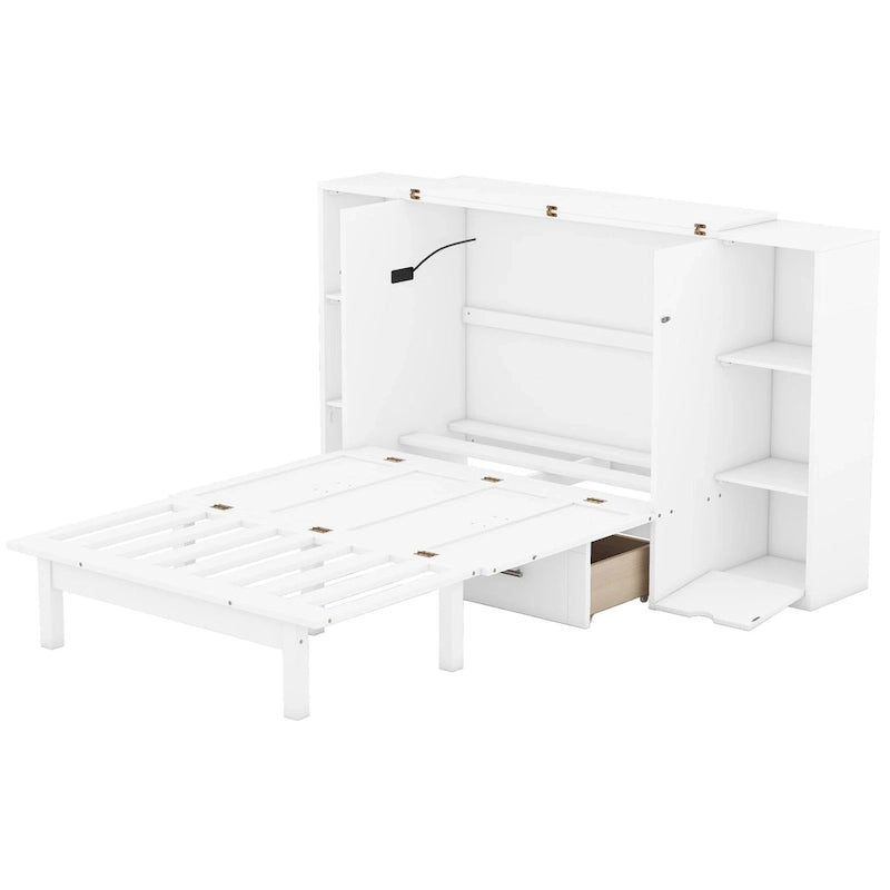 Queen Size Murphy Bed with Shelves, Drawers and USB Ports,Gray
