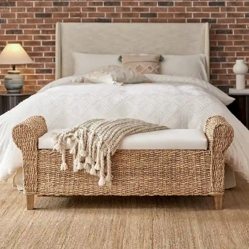 Bab Boho Farmhouse Ratten Storage Bench with Hollow-Carved Designs by HULALA HOME