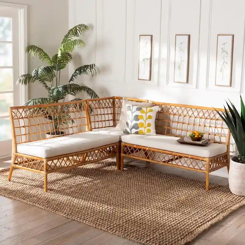 Capella Modern Bohemian Honey Rattan 3-Piece Dining Nook Banquette Set