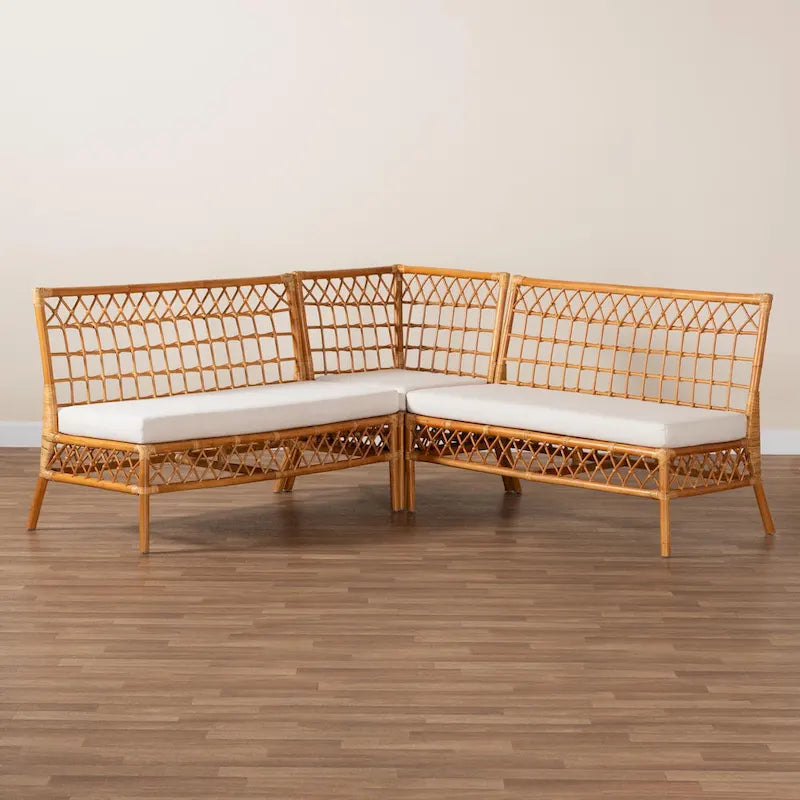 Capella Modern Bohemian Honey Rattan 3-Piece Dining Nook Banquette Set