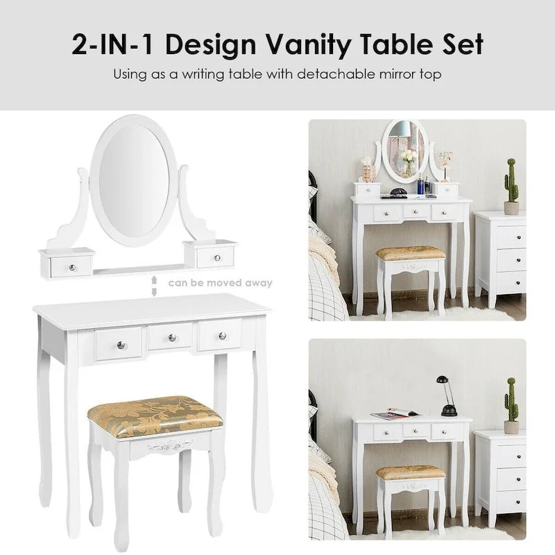 Costway Vanity Table Dressing Table 5 Make Up Table Stool