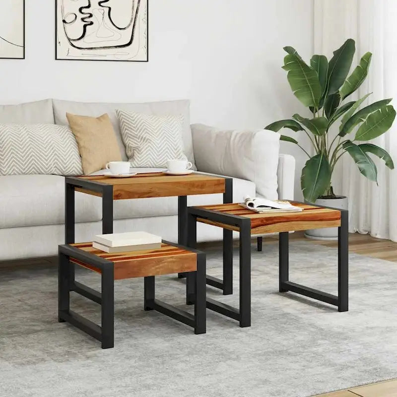 vidaXL Nesting Tables Set of 3, Sheesham Wood, Black Steel Frames