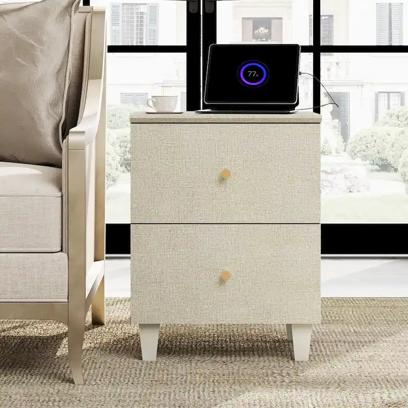 WAMPAT End Table with Charging Station and 2 Drawer for Living Room