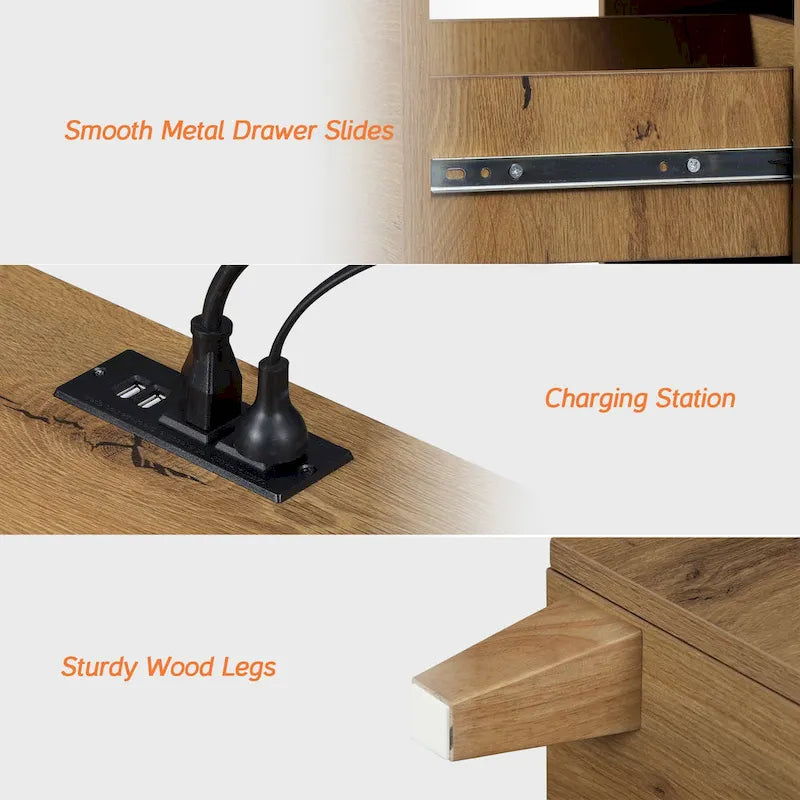 WAMPAT End Table with Charging Station and 2 Drawer for Living Room