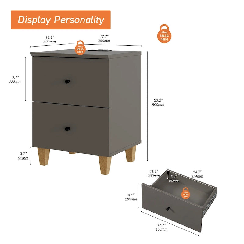 WAMPAT End Table with Charging Station and 2 Drawer for Living Room
