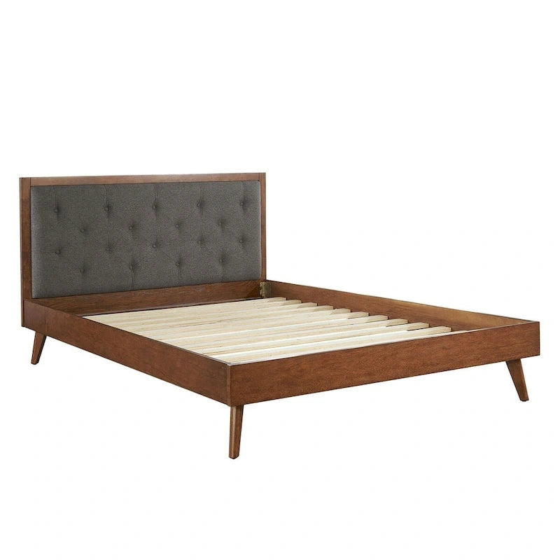 62.75 brown and gray queen size bed frame with upholstered headboard