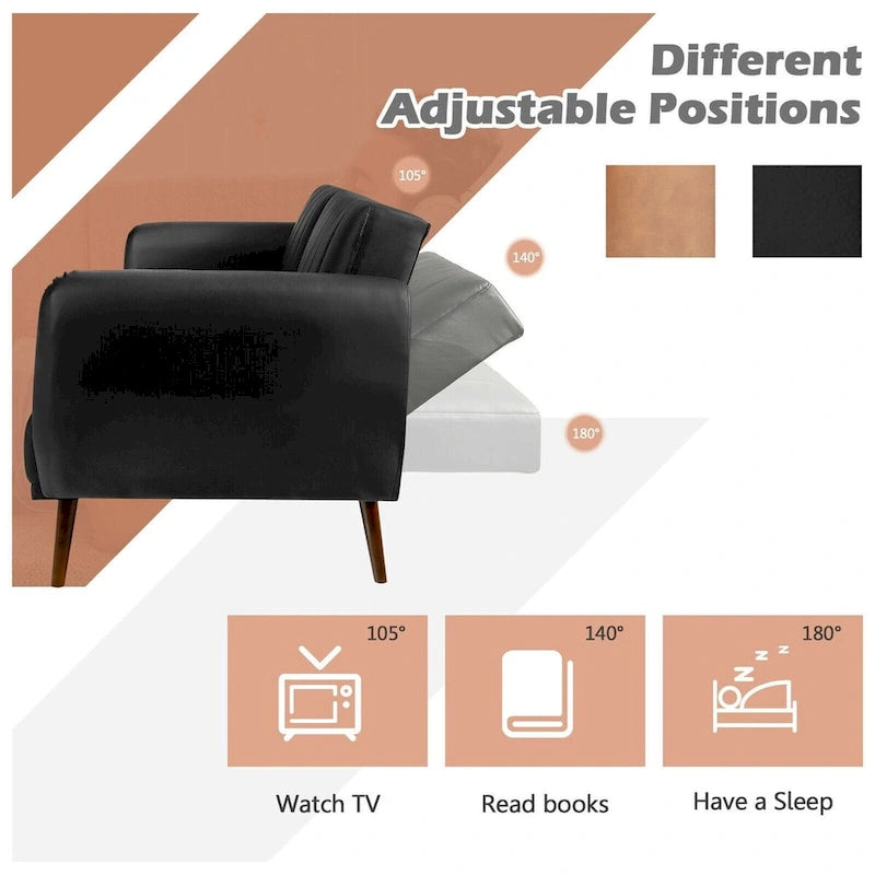Convertible Futon Sofa Bed PU Leather Adjustable Couch Sleeper with Wood Legs - 81 x 33.5 x 31.5 (L x W x H)