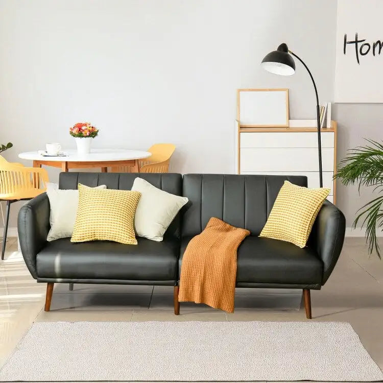 Convertible Futon Sofa Bed PU Leather Adjustable Couch Sleeper with Wood Legs - 81 x 33.5 x 31.5 (L x W x H)