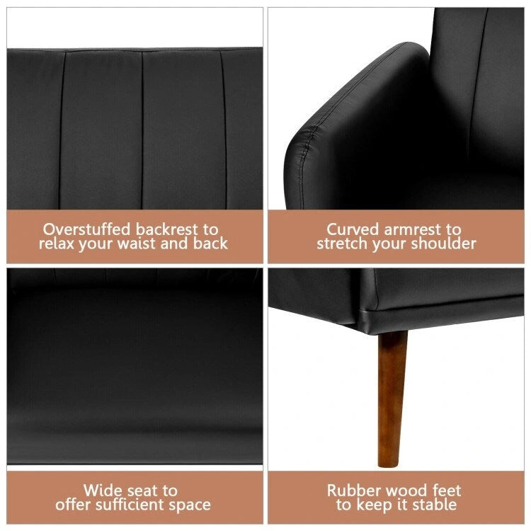 Convertible Futon Sofa Bed PU Leather Adjustable Couch Sleeper with Wood Legs - 81 x 33.5 x 31.5 (L x W x H)