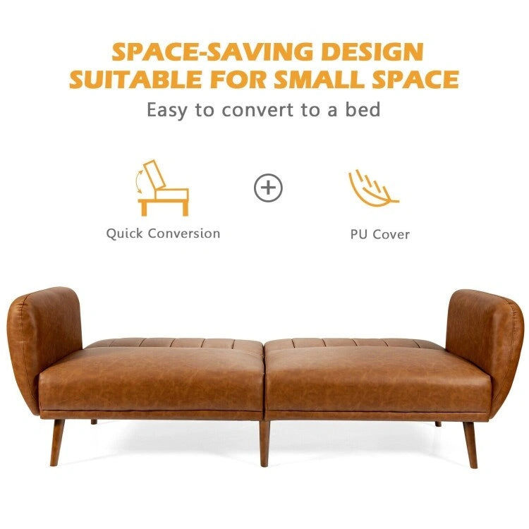 Convertible Futon Sofa Bed PU Leather Adjustable Couch Sleeper with Wood Legs - 81 x 33.5 x 31.5 (L x W x H)