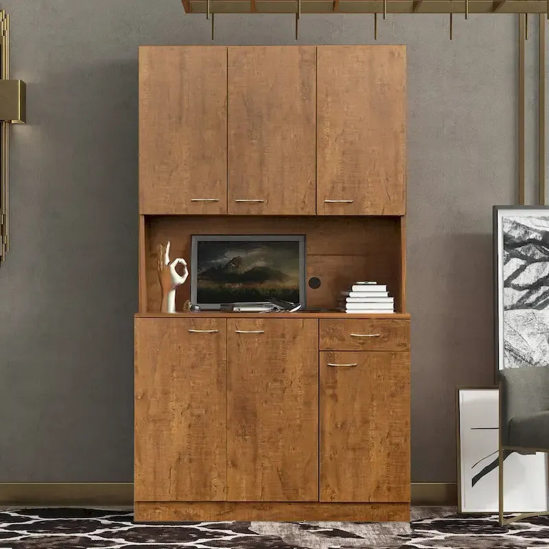 Rustic Farmhouse Tall Wardrobe, Armoire with Shelves, Open Compartment and Drawer, Freestanding Storage Closet Wardrobe Cabinet