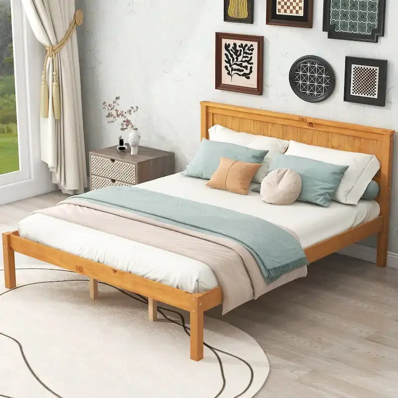 Platform Bed Frame with Headboard Wood Slat Support