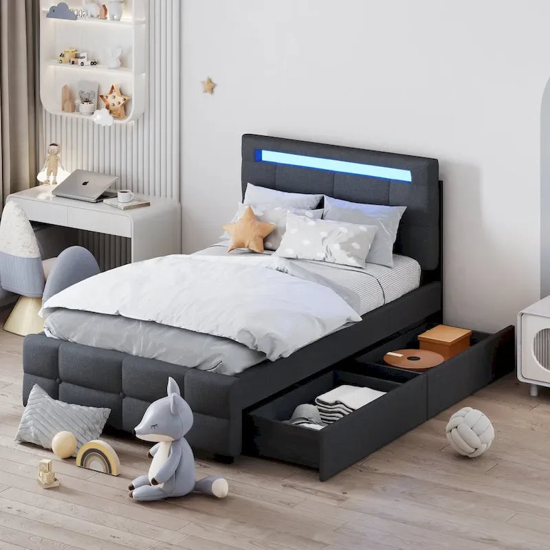 Twin Size Upholstered Platform Bed with LED Frame and 2 Drawers