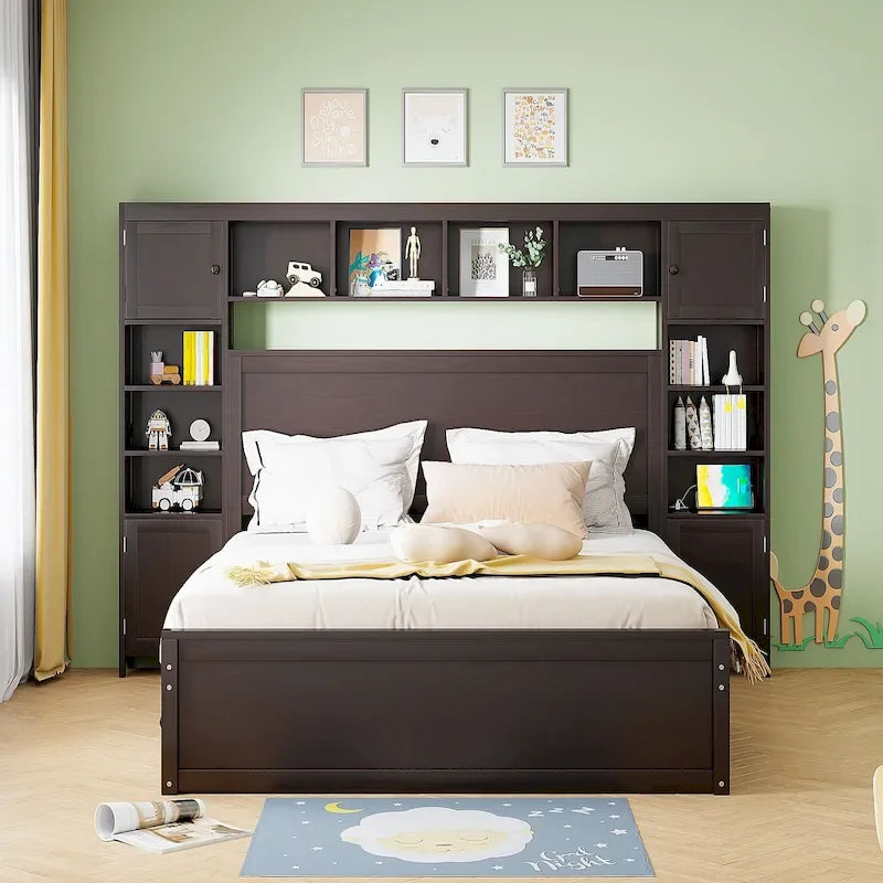 Queen Size Wooden Bed With All-in-One Cabinet