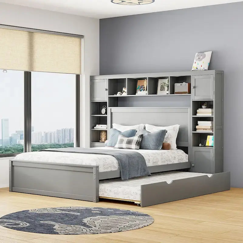 Queen Size Wooden Bed With All-in-One Cabinet