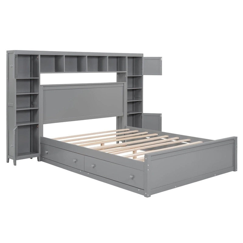 Queen Size Wooden Bed With All-in-One Cabinet