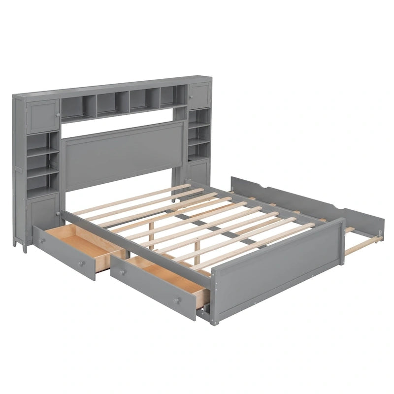 Queen Size Wooden Bed With All-in-One Cabinet