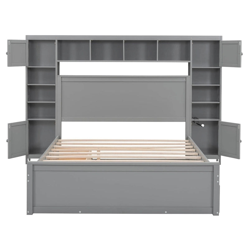 Queen Size Wooden Bed With All-in-One Cabinet