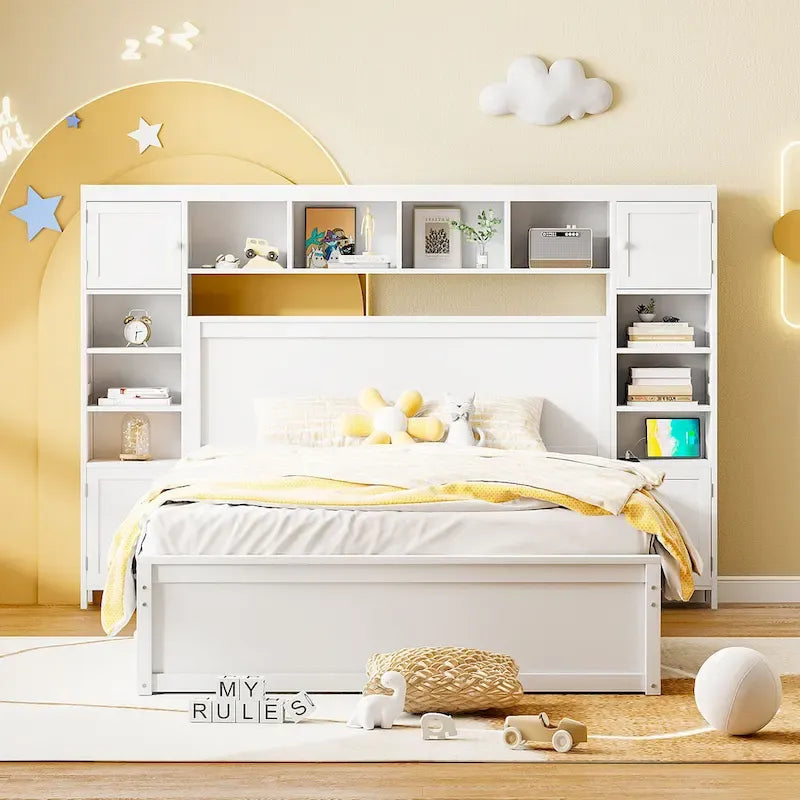 Queen Size Wooden Bed With All-in-One Cabinet