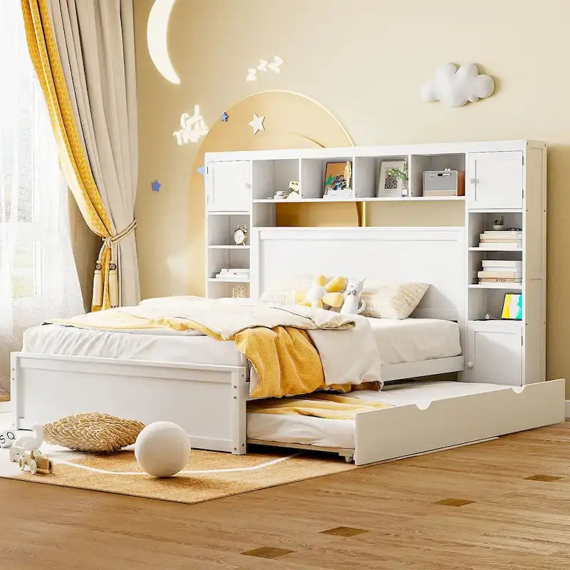 Queen Size Wooden Bed With All-in-One Cabinet