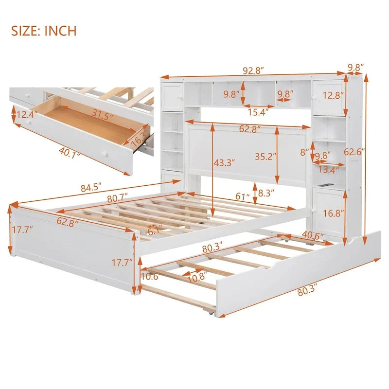 Queen Size Wooden Bed With All-in-One Cabinet