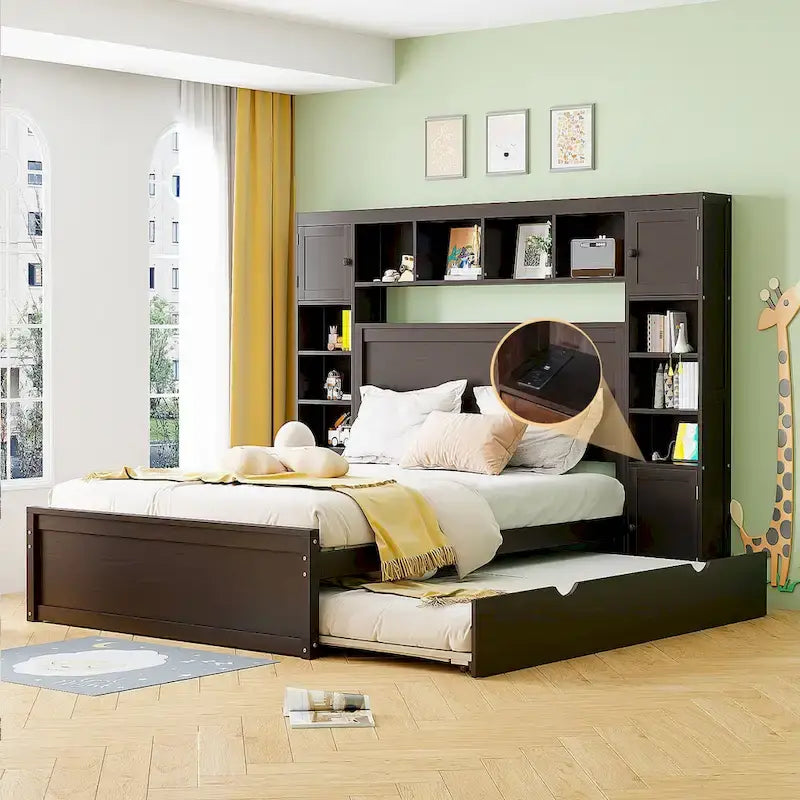 Queen Size Wooden Bed With All-in-One Cabinet