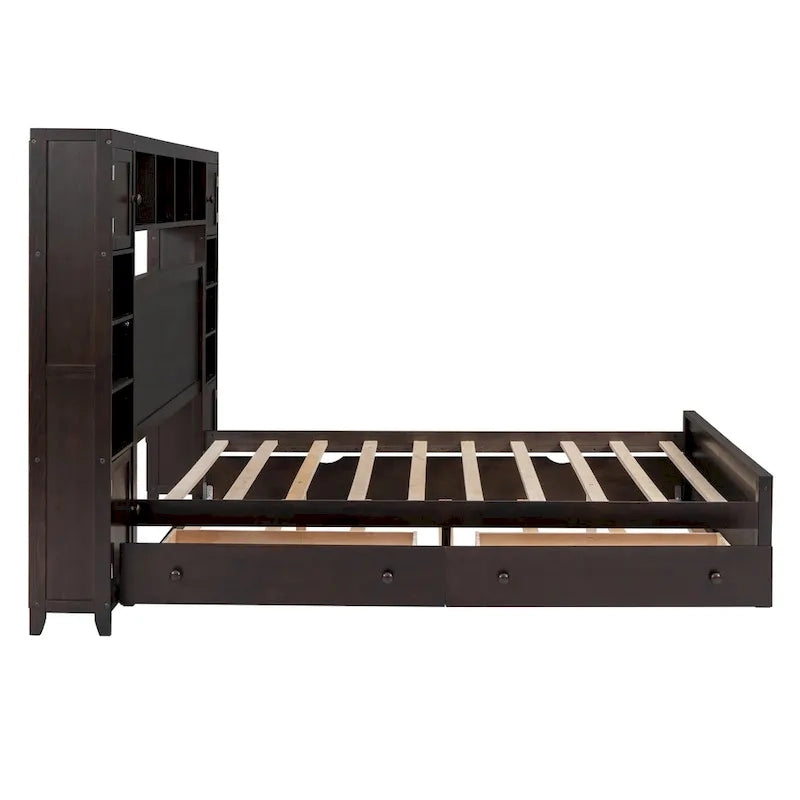 Queen Size Wooden Bed With All-in-One Cabinet