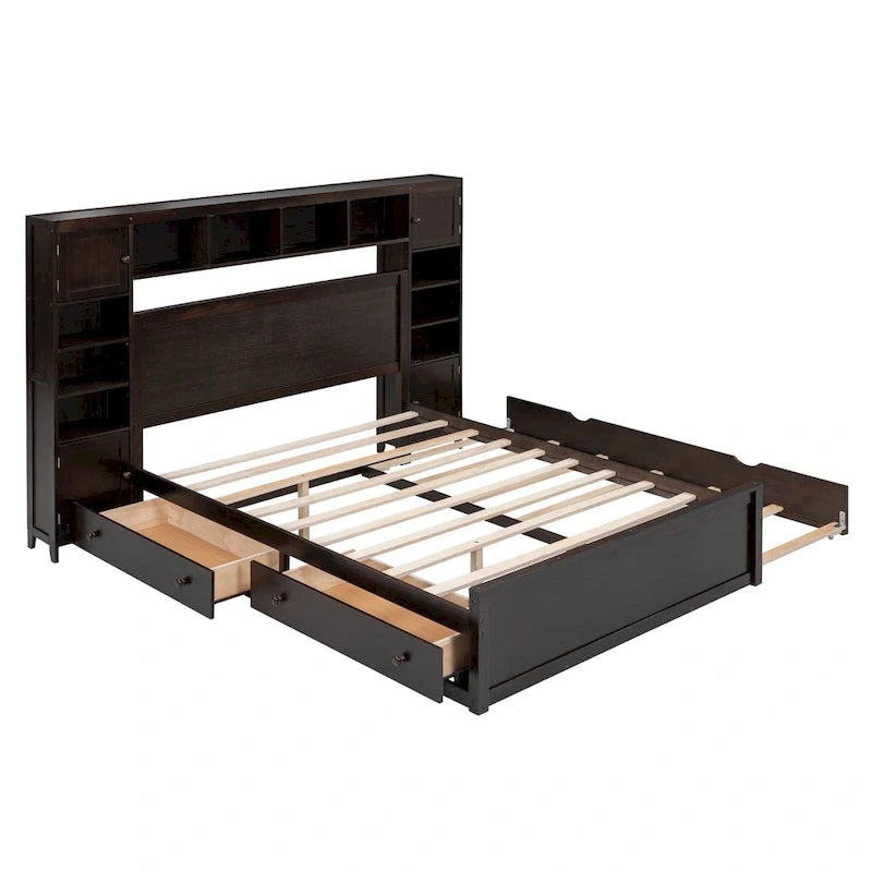 Queen Size Wooden Bed With All-in-One Cabinet