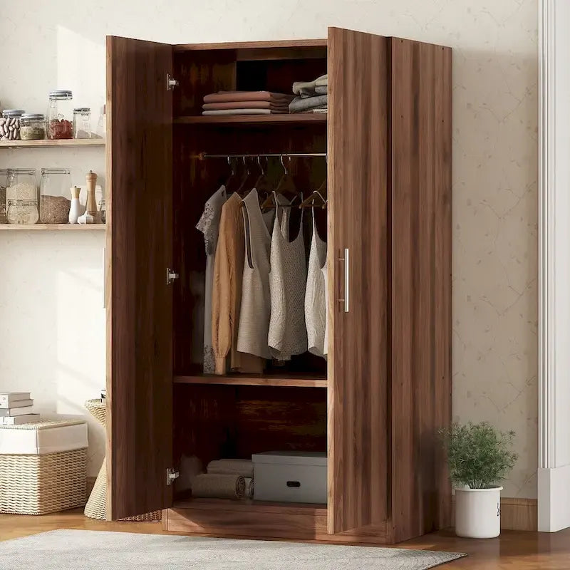 2-Door Wooden Wardrobe Armoire with 3 Storage Shelves, Brown(Expected Arrival Time: 6.21)