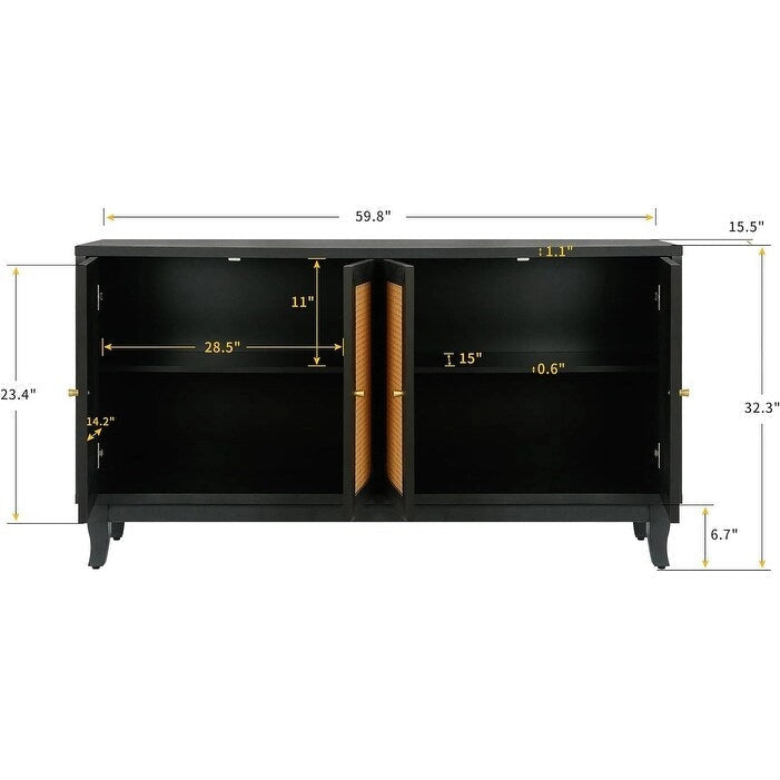 Roomfitters Handcrafted Premium Grain Panels Rattan Sideboard Buffet Cabinet with 4 Rattan Doors