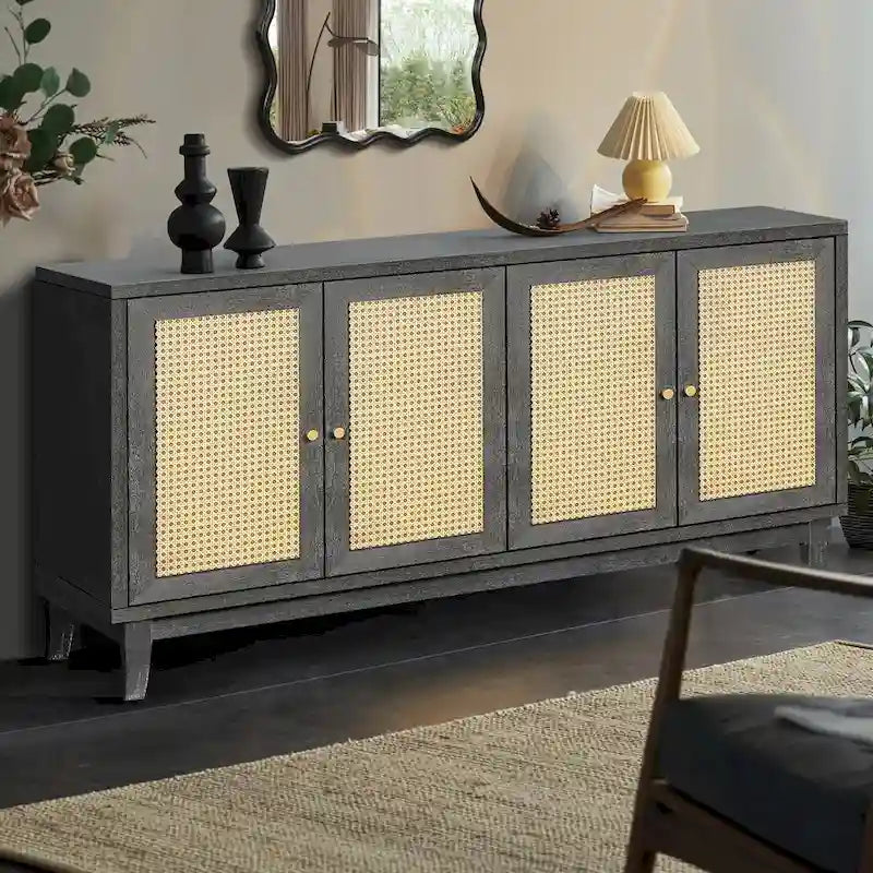 Roomfitters Handcrafted Premium Grain Panels Rattan Sideboard Buffet Cabinet with 4 Rattan Doors