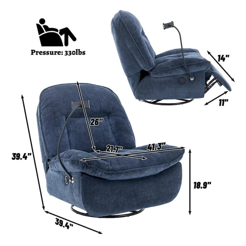 Bronzing fabric swivel recliner with mobile phone bracket