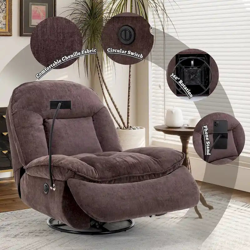 Bronzing fabric swivel recliner with mobile phone bracket
