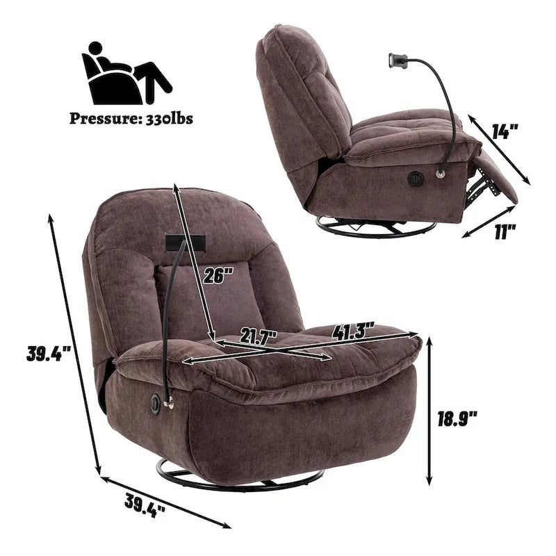 Bronzing fabric swivel recliner with mobile phone bracket