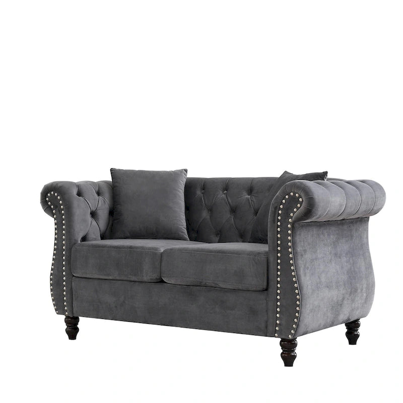 Velvet Chesterfield Loveseat Sofa, Rolled Arms, Nailhead Trim
