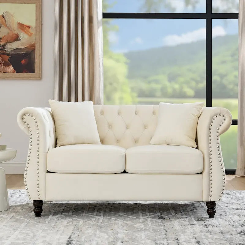 Velvet Chesterfield Loveseat Sofa, Rolled Arms, Nailhead Trim
