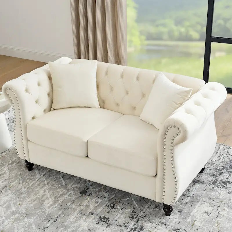 Velvet Chesterfield Loveseat Sofa, Rolled Arms, Nailhead Trim
