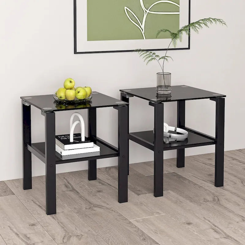 Set of 2, Glass two layer tea table, small round table, bedroom corner table, living room side table,Black
