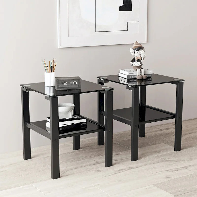 Set of 2, Glass two layer tea table, small round table, bedroom corner table, living room side table,Black