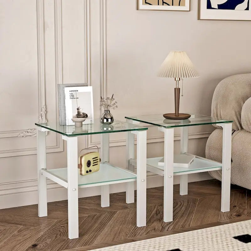 Set of 2, Glass two layer tea table, small round table, bedroom corner table, living room side table,Black