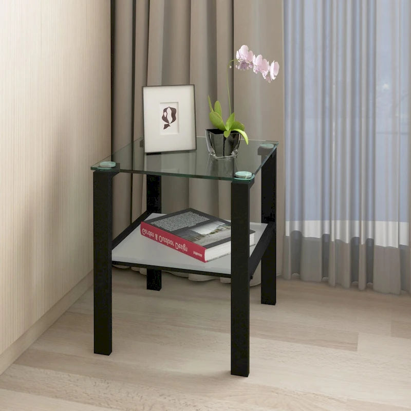 Set of 2, Glass two layer tea table, small round table, bedroom corner table, living room side table,Black