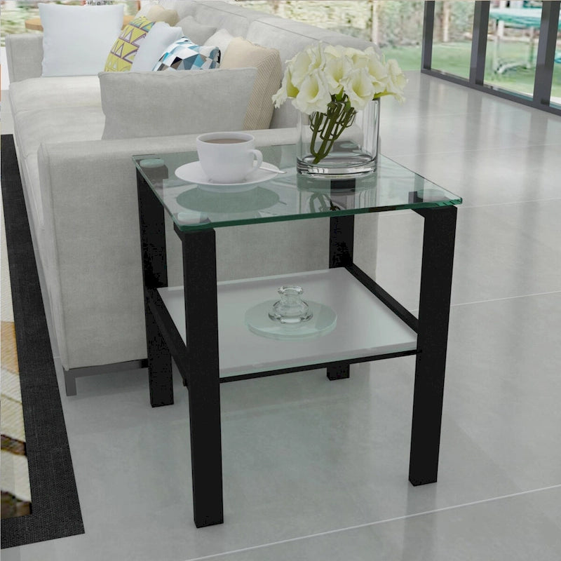 Set of 2, Glass two layer tea table, small round table, bedroom corner table, living room side table,Black