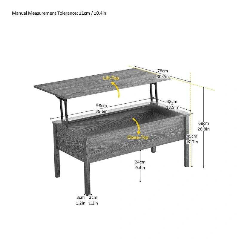 Modern Light Grey Woodgrain Lift Top Coffee Table Desk with Hidden Storage for Living Room